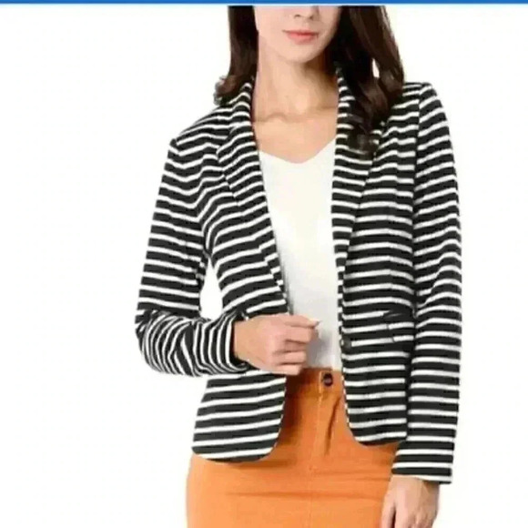 NWT✨Allegra K Notched Lapel Button Closure Striped Blazer Black - Picture 1 of 5